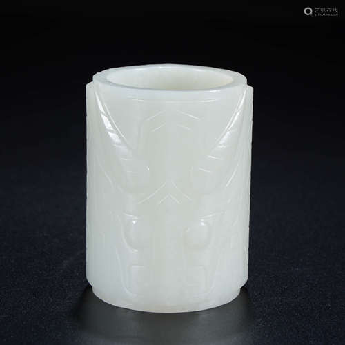 A BEAST FACE PATTERN CARVED HETIAN JADE CONG ORNAMENT