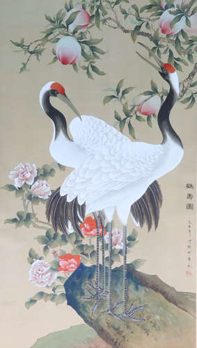 A CHINESE FLOWERS AND CRANE PAINTING, ZHU YUN MARK