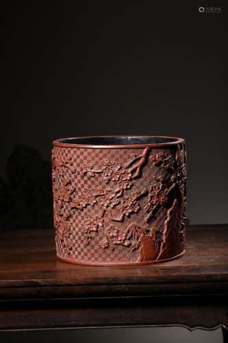 CINNABAR LACQUER CARVED 'PLUM FLOWERS' BRUSH POT