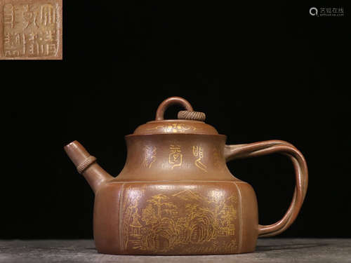 YIXING ZISHA AND GILT 'LANDSCAPE SCENERY' TEAPOT