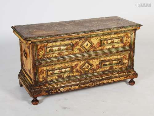 A 19th century Scandinavian painted pine coffer, the hinged rectangular cover opening to a plain