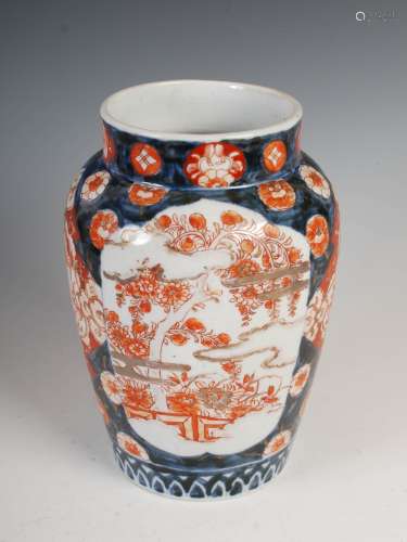 A Japanese Imari porcelain vase, late 19th/early 20th century, decorated with two rectangular shaped