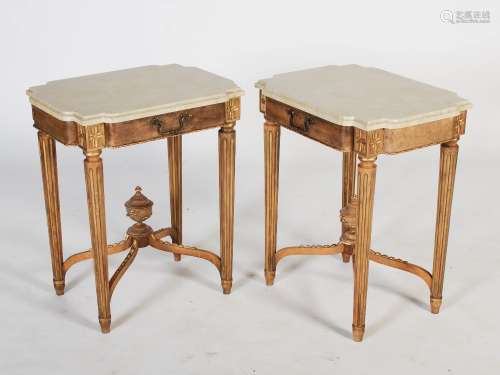A pair of French gilt wood Neo Classical style occasional tables, the faux painted marble tops above