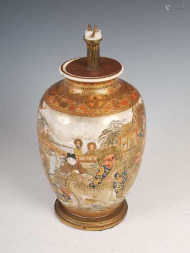 A Japanese Satsuma pottery vase converted to a table lamp, Meiji Period, decorated with bijin, lohan