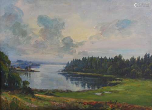 20th century British School Sunset over a loch oil on canvas, indistinctly signed and dated 1943