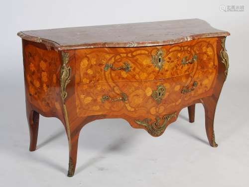 A French Louis XVI style kingwood, marquetry and gilt metal mounted commode, the mottled red and
