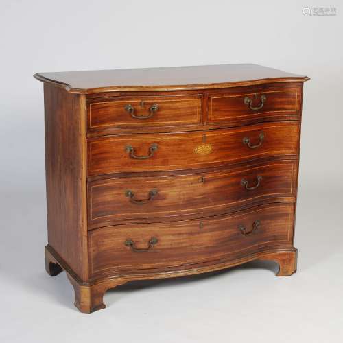 A 19th century mahogany and chequer lined serpentine chest, the shaped rectangular top with
