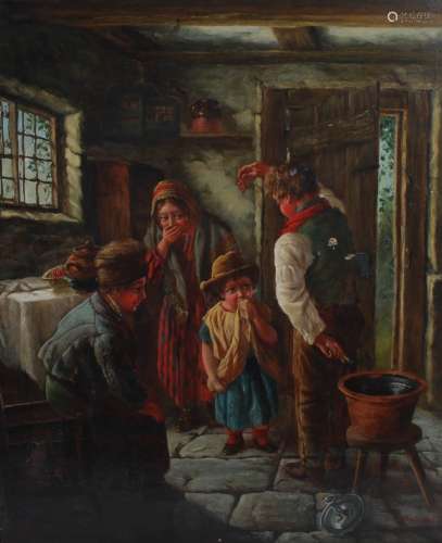 Follower of Erskine Nicol (1825-1904) Interior scene with children oil on canvas, signed and dated