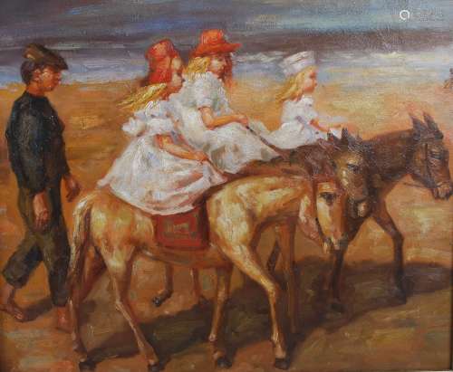 20th century British School Donkey ride oil on canvas 49cm x 59cm