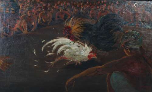 AR Durk Ven Driest (Dutch 1889-1989) The cockerel fight oil on canvas, signed lower right 89cm x