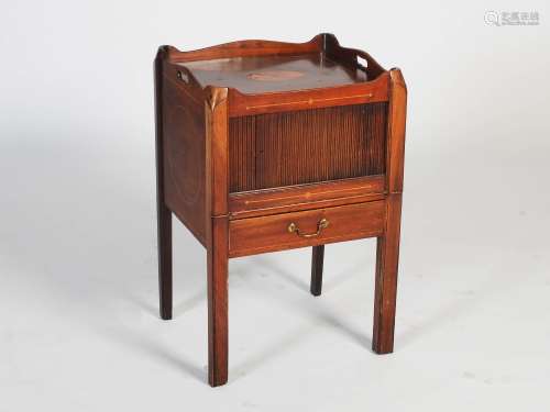 A George III mahogany inlaid tray top commode, the rectangular top with raised gallery edge and