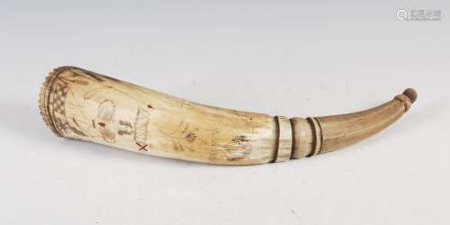 An 18th century scrimshaw powder horn, with finely incised line decoration of two female figures,