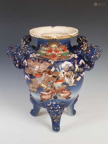 A Japanese Satsuma pottery blue ground koro of large size, late 19th/early 20th century, the tapered