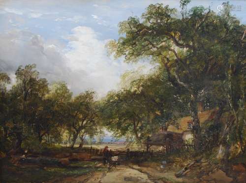 Manner of Constable (19th century) Tree lined avenue with figure and cottage oil on canvas 29.5cm
