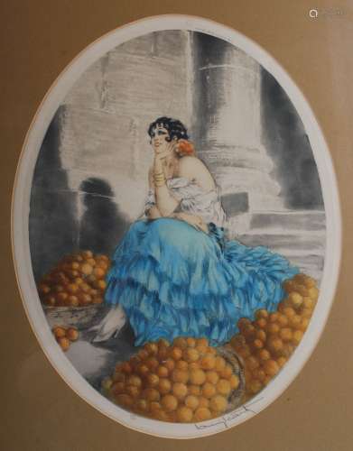 AR Louis Icart (French 1888-1950) Marchande d'oranges etching and aquatint with hand coloured