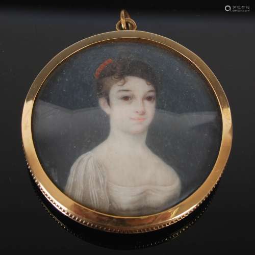 A 19th century portrait miniature, depicting half length portrait of a young girl painted on