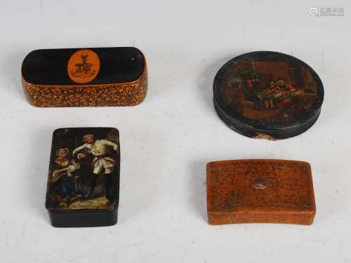 Four assorted 18th century and later boxes, to include: a Scottish treen snuff box, the hinged cover