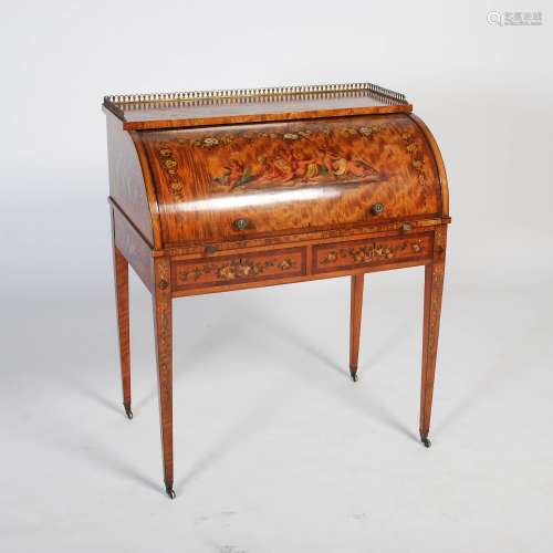 A late 19th century painted satinwood cylinder bureau, the rectangular top with painted scroll
