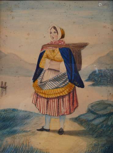 19th century Scottish School Fishwife in highland landscape with boat in background and another, a