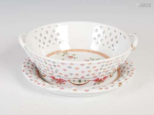 A Chinese porcelain famille rose basket on stand, the tapered cylindrical basket with rope twist