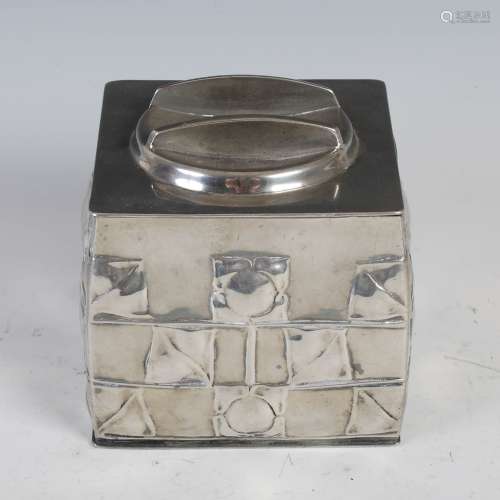 Archibald Knox for Liberty, a Tudric pewter 'Knox box'/ biscuit box and cover, with embossed