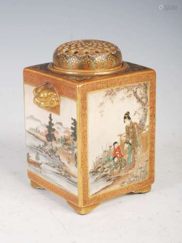 A Japanese Satsuma pottery rectangular shaped koro and cover, Meiji Period, the koro decorated