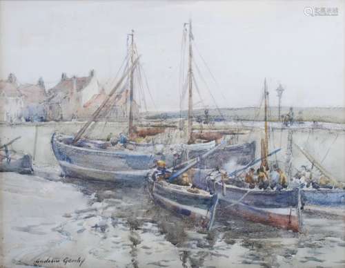 Andrew Archer Gamley RSW (1869-1949) Harbour at low tide with fishing boats watercolour, signed