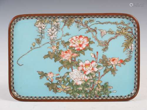 A Japanese blue ground silver wirework cloisonne tray, Meiji Period, decorated with peony and