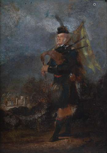 19th century Scottish School Portrait of a Highland Piper oil on board 24.5cm x 17cm
