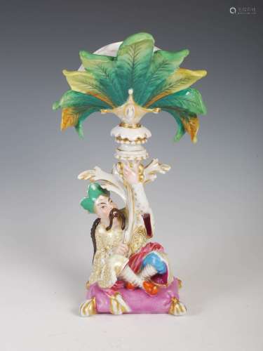 A 19th century Paris porcelain Chinoiserie Mandarin figure spill vase, the detachable upper