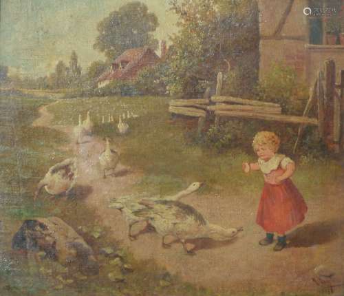 R. Douglas Girl and Geese oil on panel, signed and dated 1886 lower right 29.5cm x 34cm