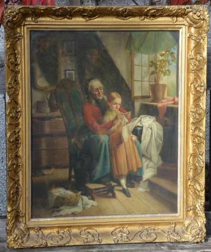 J. Shearbon The Knitting Lesson oil on canvas, signed and dated 1872 lower right 49.5cm x 39.5cm
