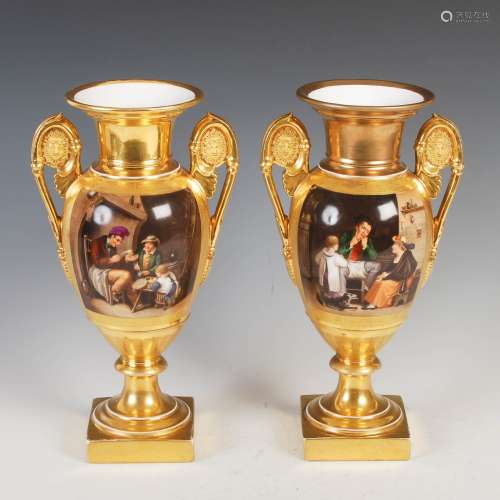 A pair of 19th century Schoelcher, Paris porcelain twin handled urns, each decorated with a