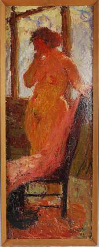 AR Avril J.D. Gilmore (fl.1957-1983) Portrait of a nude oil on board, signed lower right, dated
