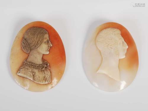 Two 19th century portrait shell cameo carvings, carved with Major Bontine, the other Mrs Bontine,