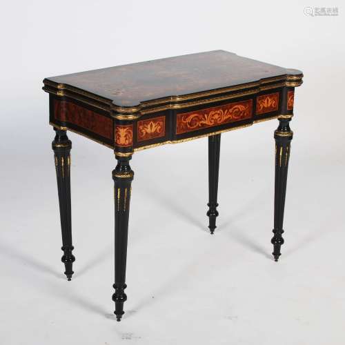 A Victorian burr walnut, ebony, marquetry and gilt metal mounted card table, the hinged