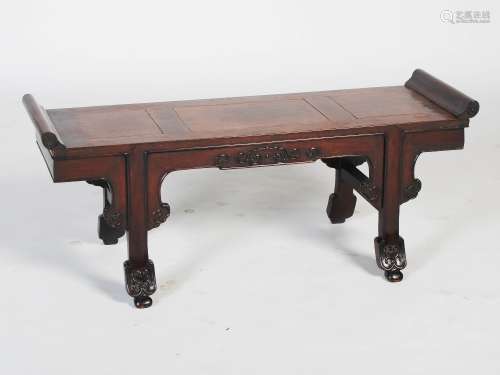 A Chinese dark wood Kang table, Qing Dynasty, the rectangular top with three burr wood panels, above
