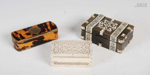 A collection of 19th century boxes, to include: an Anglo Indian horn and ivory overlaid miniature