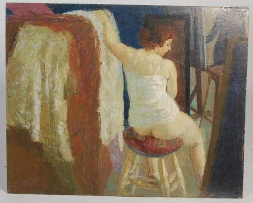 AR Avril J.D. Gilmore (fl.1957-1983) The White Blouse, portrait of a female nude model in the studio