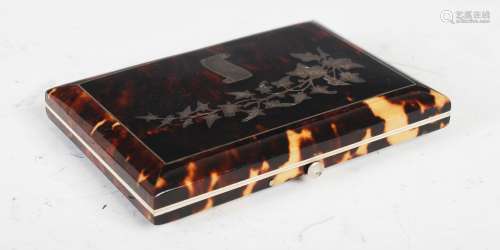 A late 19th century tortoiseshell and white metal inlaid card case, the rectangular cover inlaid