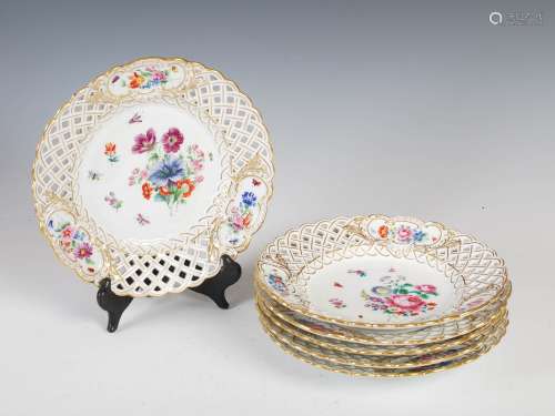A set of six late 19th century Meissen porcelain fruit plates, decorated with Deutsche Blumen within