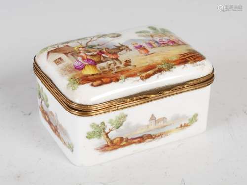 A late 19th century Continental gilt metal mounted rectangular shaped porcelain box and cover