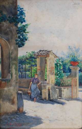 L. Da Costa (19th century) Fetching water watercolour, signed lower left 46.5cm x 31cm