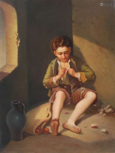 A late 19th century Berlin, KPM porcelain plaque, decorated with a young boy with a basket of