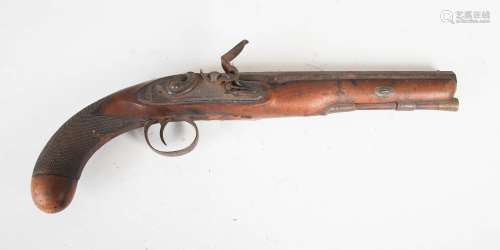 A George III flintlock pistol, with hexagonal shaped barrel, pull out ram rod, the hammer missing,