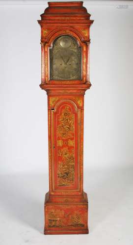 A George III chinoiserie decorated red lacquer longcase clock, the brass dial and chapter ring