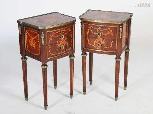 A pair of late 19th century mahogany, marquetry and gilt metal mounted bedside tables, the