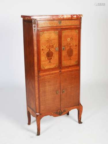 A late 19th century French kingwood, marquetry and gilt metal mounted side cabinet, the mottled