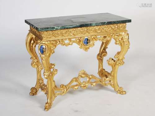 A Continental gilt wood and polychrome decorated console table in the 18th century style, the
