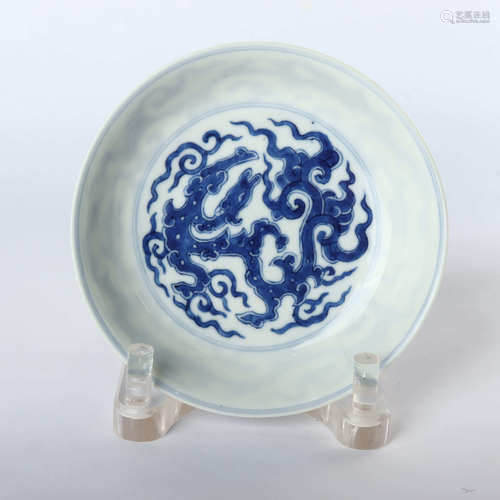 Blue and white Kui dragon pattern plate made in Yongzheng year of Qing Dynasty